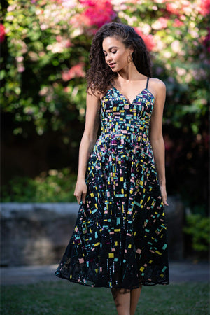 Maren Vibrant Twirling Embroidered Midi Dress - Dress the Population