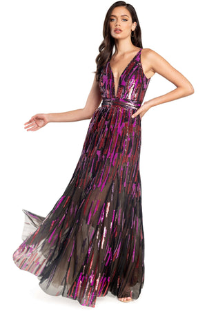 Samira Fuchsia Multi Metallic Sequin Gown - Dress the Population