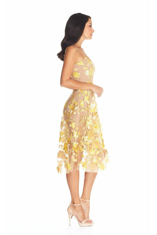 Uma Canary Embroidered Floral Fit And Flare Midi Dress - Dress the Population