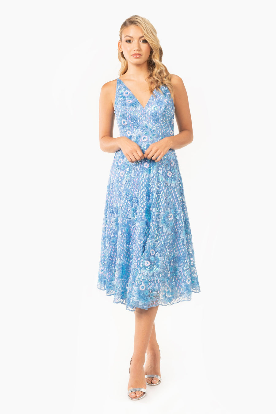 Dress The Population Elisa Sequin Embroidered Cocktail Midi Dress Blue Dress The Population Elisa Sequin Embroidered Cocktail Midi Dress Blue